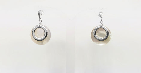 Round Shell Earrings and Pendant SET, Sterling Silver, White MOP Mother of Pearl Flat Disc Necklace Set, Geometric Stone Jewelry