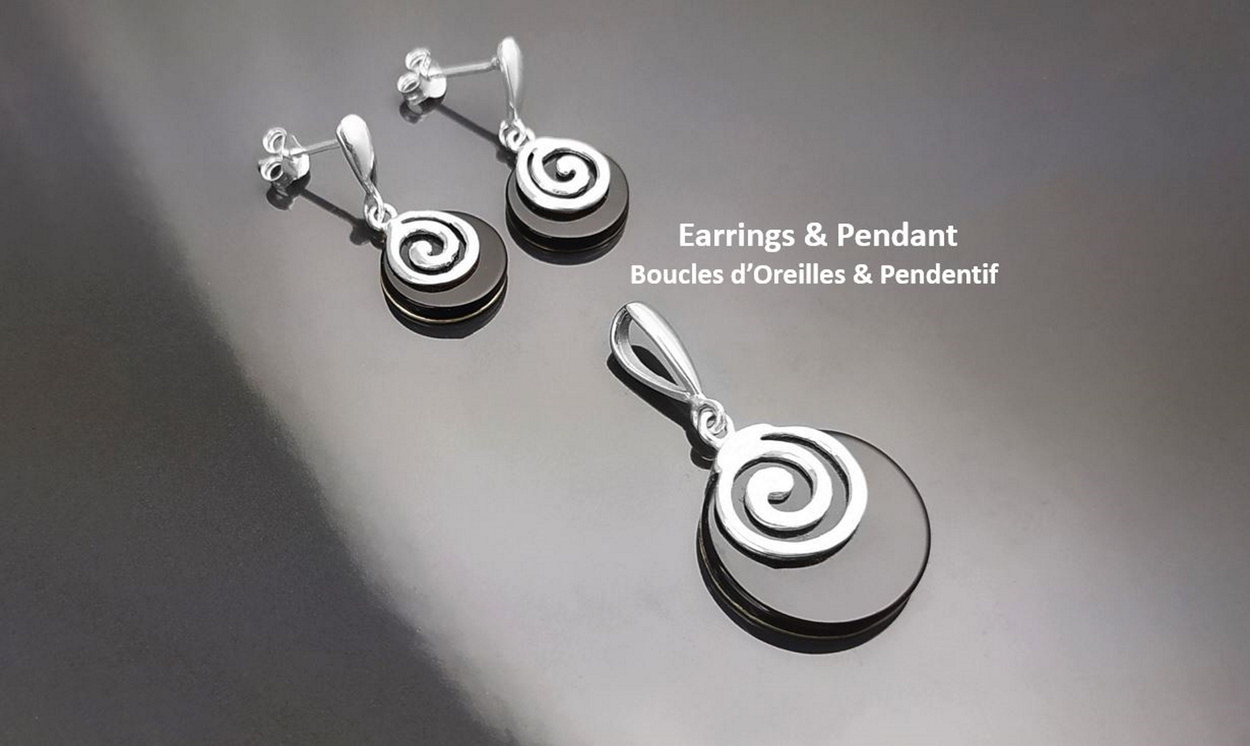 Black round Pendent, Sterling Silver 925, Black Onyx Stone Pendent, Spiral Design Pendent, Modern Swirl Design Jewelry, Small 925 Pendent
