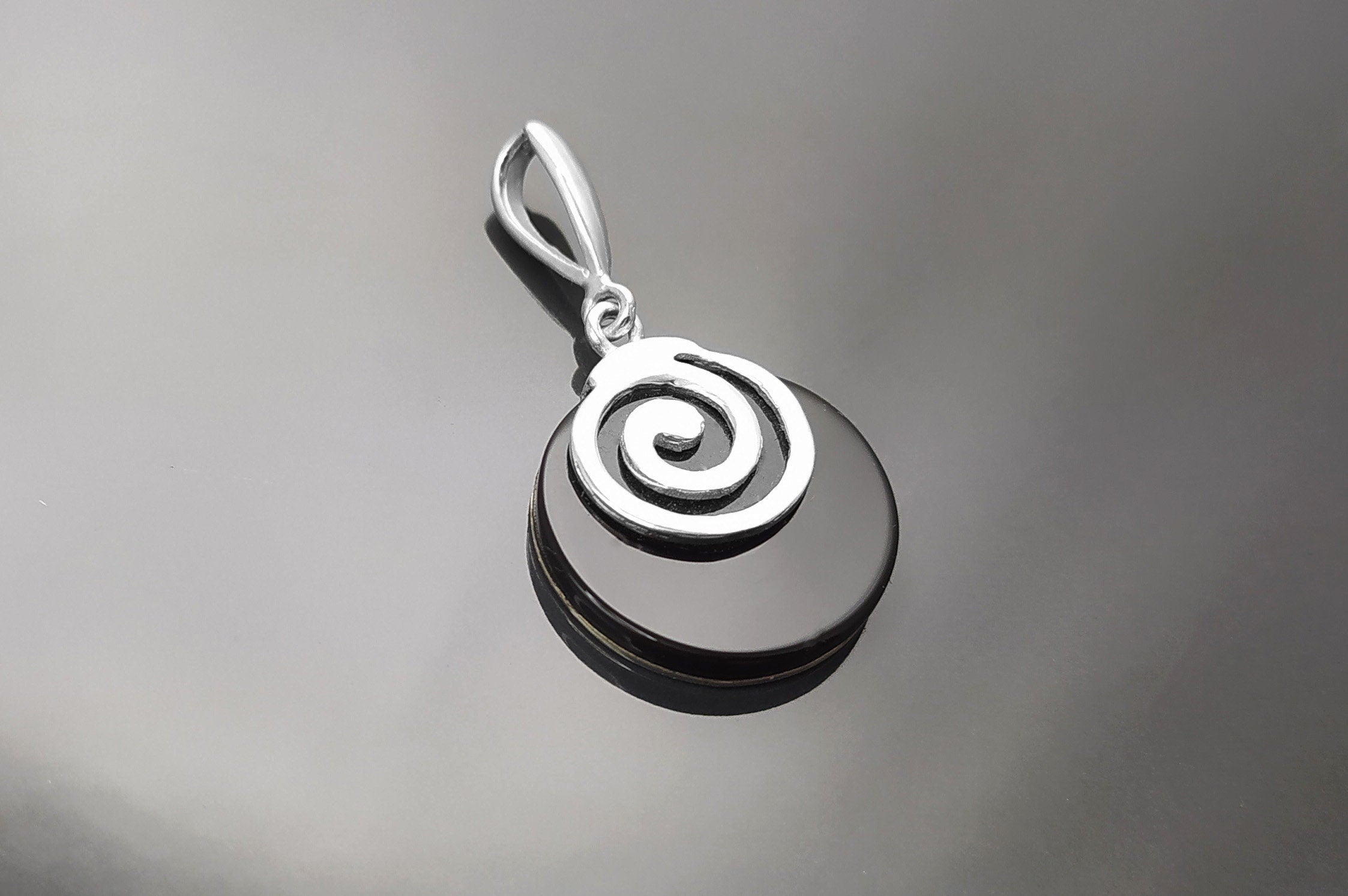 Black Round Earrings and Pendant - Sterling Silver 925, Black Onyx Stone, Spiral Design Silver Jewelry set, Modern Swirl Design Jewelry