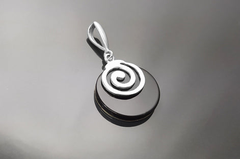 Black Round Earrings and Pendant - Sterling Silver 925, Black Onyx Stone, Spiral Design Silver Jewelry set, Modern Swirl Design Jewelry