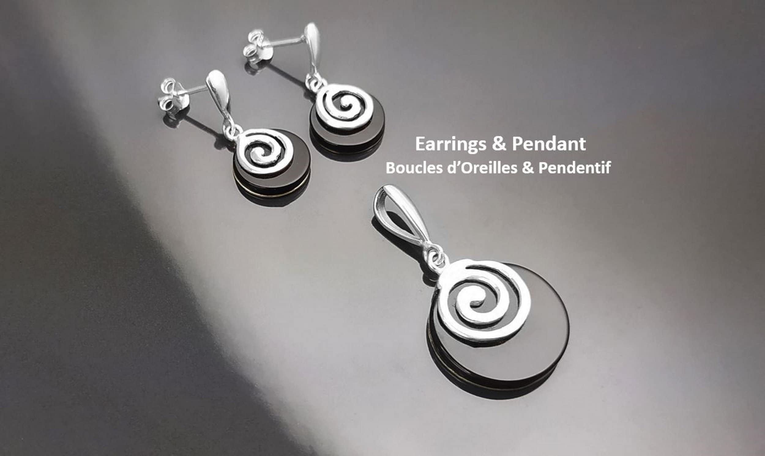 Black Round Earrings and Pendant - Sterling Silver 925, Black Onyx Stone, Spiral Design Silver Jewelry set, Modern Swirl Design Jewelry
