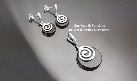Black Round Earrings and Pendant - Sterling Silver 925, Black Onyx Stone, Spiral Design Silver Jewelry set, Modern Swirl Design Jewelry