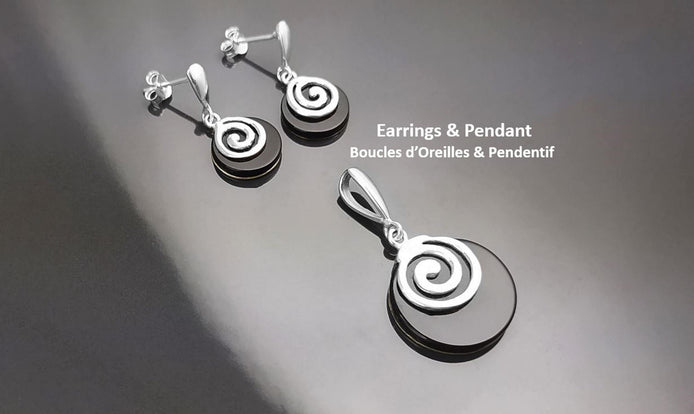Black Round Earrings and Pendant - Sterling Silver 925, Black Onyx Stone, Spiral Design Silver Jewelry set, Modern Swirl Design Jewelry