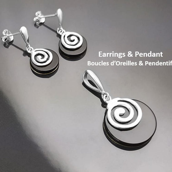 Black Round Earrings and Pendant - Sterling Silver 925, Black Onyx Stone, Spiral Design Silver Jewelry set, Modern Swirl Design Jewelry