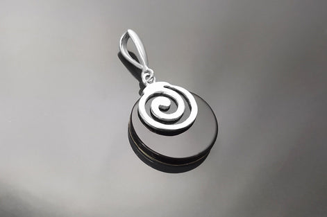 Black round Pendent, Sterling Silver 925, Black Onyx Stone Pendent, Spiral Design Pendent, Modern Swirl Design Jewelry, Small 925 Pendent