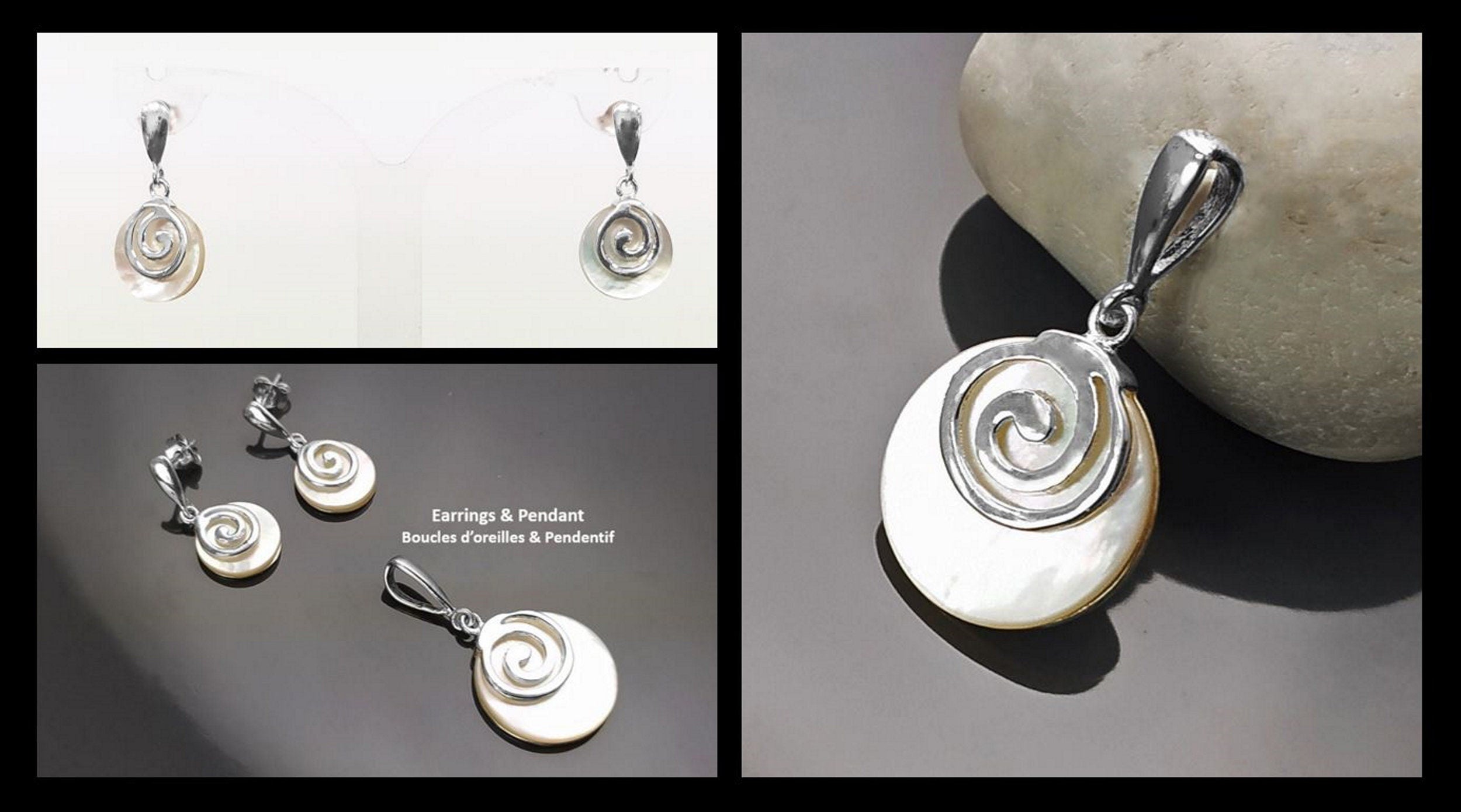 White Round Spiral Pendant, Sterling Silver, Genuine Mother of Pearl Shell Jewelry, Modern Geometric Design, Minimalist Stone Necklace