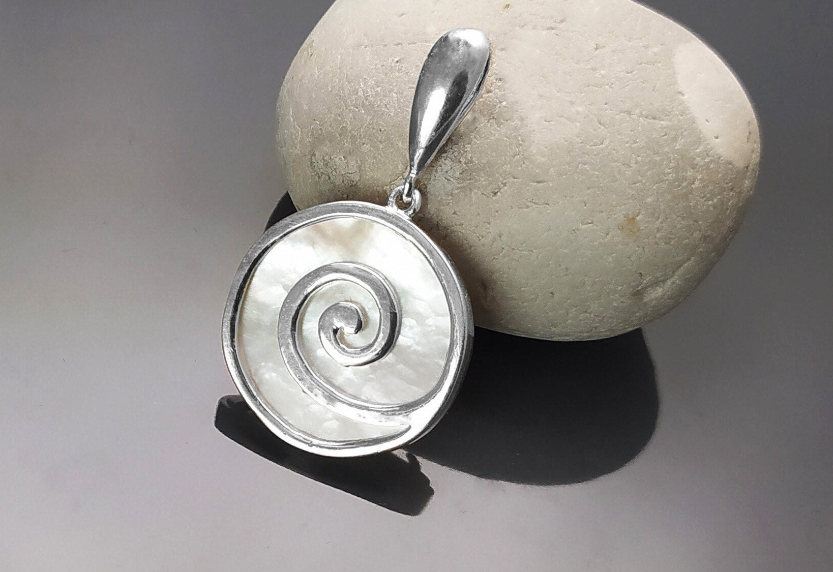 White Round Shell Pendant, Sterling Silver, White Mother of Pearl Jewelry, Modern Geometric Spiral Design, Minimalist Stone Necklace