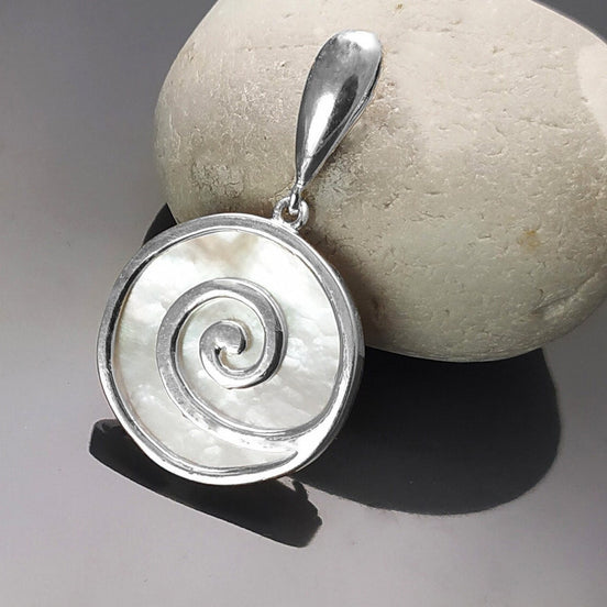 White Round Shell Pendant, Sterling Silver, White Mother of Pearl Jewelry, Modern Geometric Spiral Design, Minimalist Stone Necklace