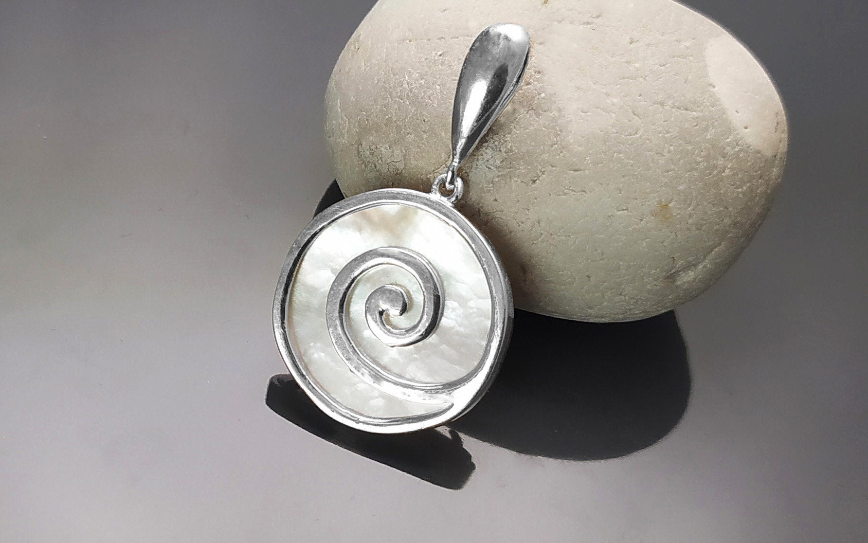 White Round earrings Sterling Silver- Spiral Dangle Earrings - Mother of Pearl Shell Jewelry - Modern Stone Earrings