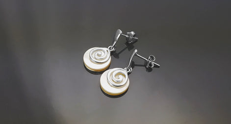 White round earrings, Sterling Silver, Genuine Mother of Pearl Shell Stone, Spiral Design Dangle Earrings, Modern Swirl Design Jewelry