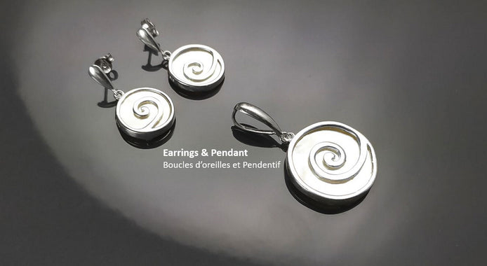 Shell Spiral Earrings Set, Sterling Silver 925, White Mother of Pearl Jewelry, Geometric Round Earrings and Pendant Set, Modern Disc Jewelry