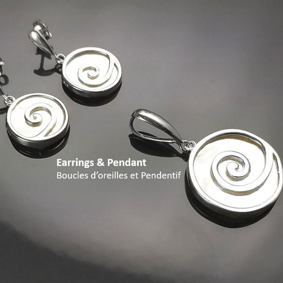 Shell Spiral Earrings Set, Sterling Silver 925, White Mother of Pearl Jewelry, Geometric Round Earrings and Pendant Set, Modern Disc Jewelry