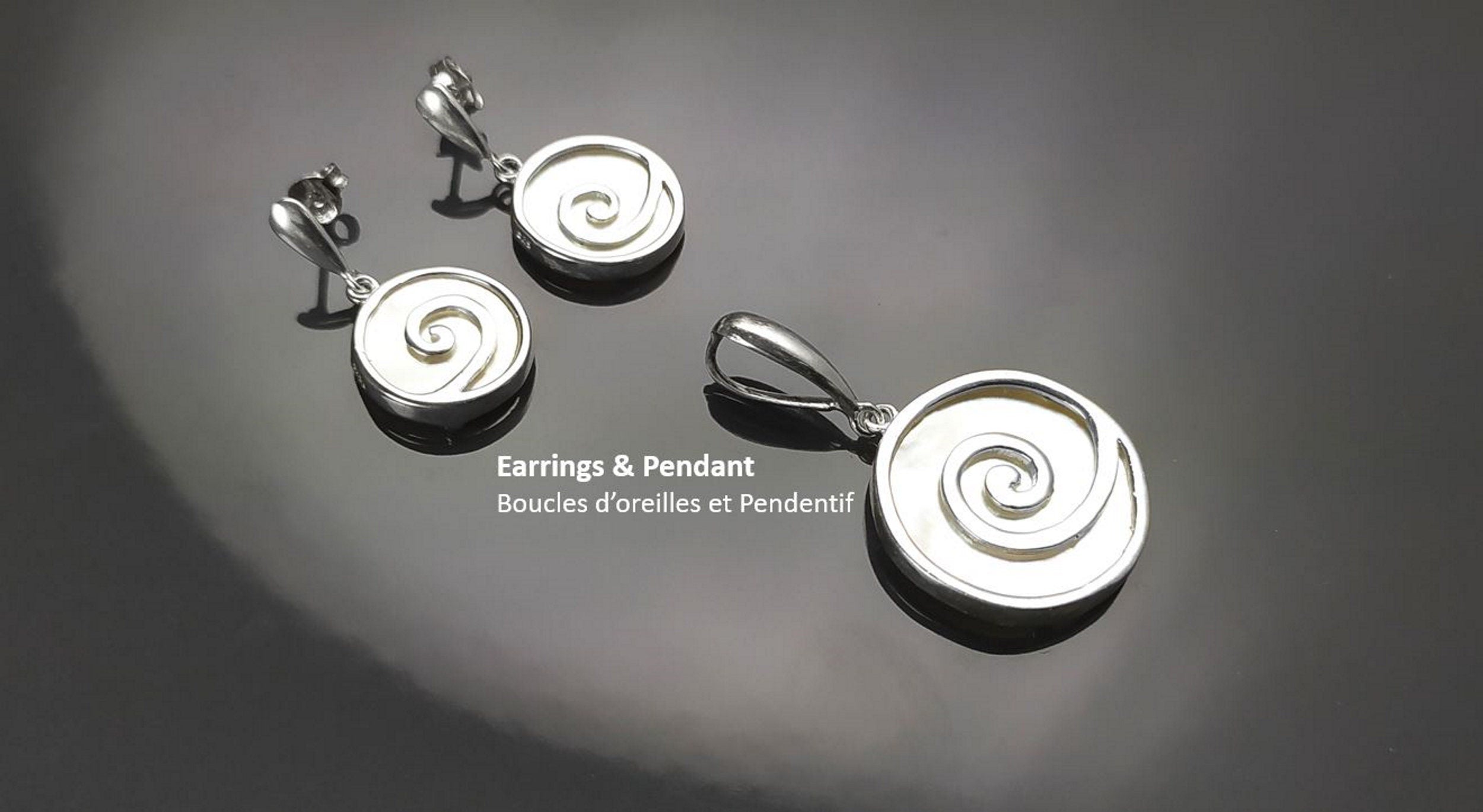 White Round earrings Sterling Silver- Spiral Dangle Earrings - Mother of Pearl Shell Jewelry - Modern Stone Earrings