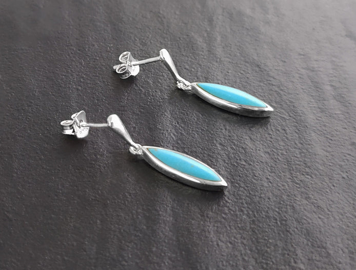 Turquoise Earrings, Sterling Silver, Dangle Blue Turquoise Stone Earrings, Pending Oval Blue Earrings, Modern Drop Studs Earrings