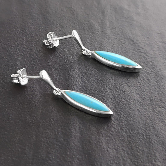 Turquoise Earrings, Sterling Silver, Dangle Blue Turquoise Stone Earrings, Pending Oval Blue Earrings, Modern Drop Studs Earrings