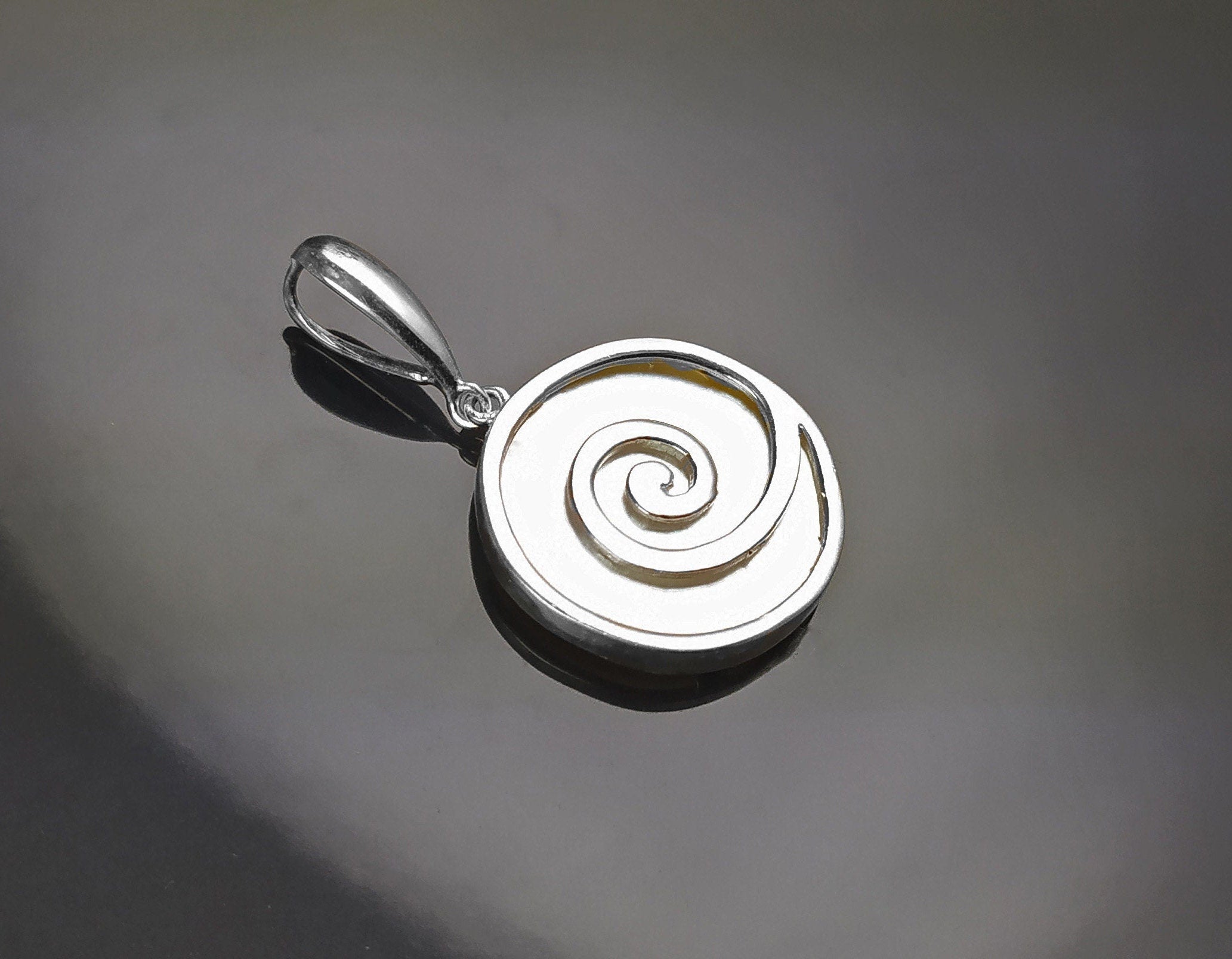 White Round Shell Pendant, Sterling Silver, White Mother of Pearl Jewelry, Modern Geometric Spiral Design, Minimalist Stone Necklace