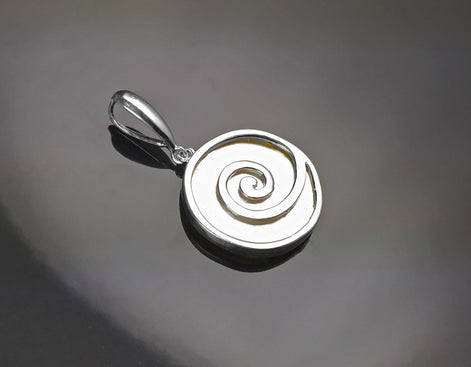 White Round Shell Pendant, Sterling Silver, White Mother of Pearl Jewelry, Modern Geometric Spiral Design, Minimalist Stone Necklace
