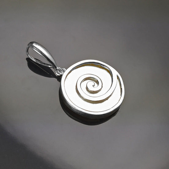 White Round Shell Pendant, Sterling Silver, White Mother of Pearl Jewelry, Modern Geometric Spiral Design, Minimalist Stone Necklace