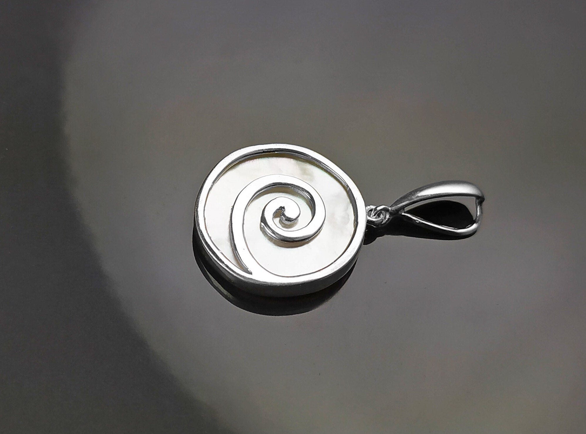 White Round Shell Pendant, Sterling Silver, White Mother of Pearl Jewelry, Modern Geometric Spiral Design, Minimalist Stone Necklace