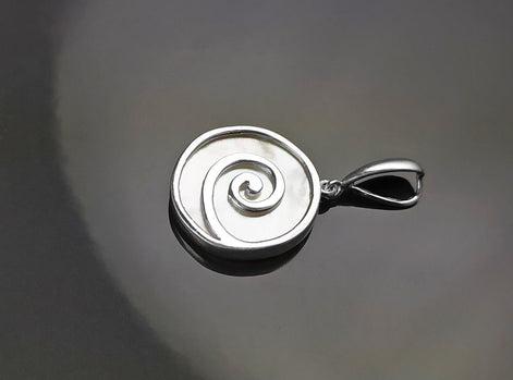 White Round Shell Pendant, Sterling Silver, White Mother of Pearl Jewelry, Modern Geometric Spiral Design, Minimalist Stone Necklace
