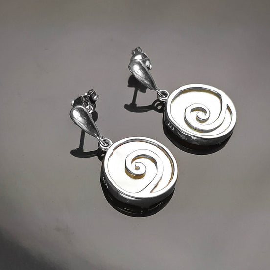White Round earrings Sterling Silver- Spiral Dangle Earrings - Mother of Pearl Shell Jewelry - Modern Stone Earrings