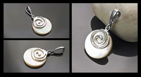 White Round Spiral Pendant, Sterling Silver, Genuine Mother of Pearl Shell Jewelry, Modern Geometric Design, Minimalist Stone Necklace
