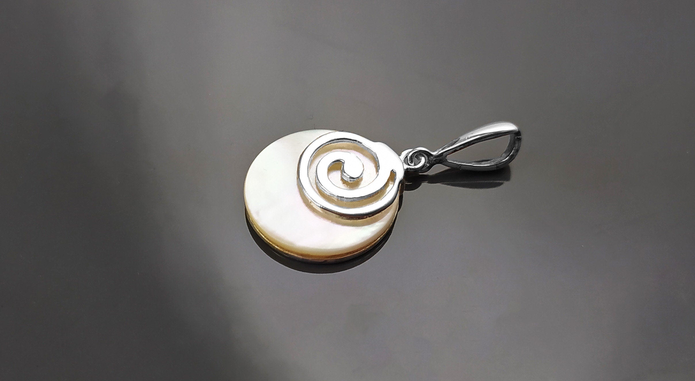 White Round Spiral Pendant, Sterling Silver, Genuine Mother of Pearl Shell Jewelry, Modern Geometric Design, Minimalist Stone Necklace