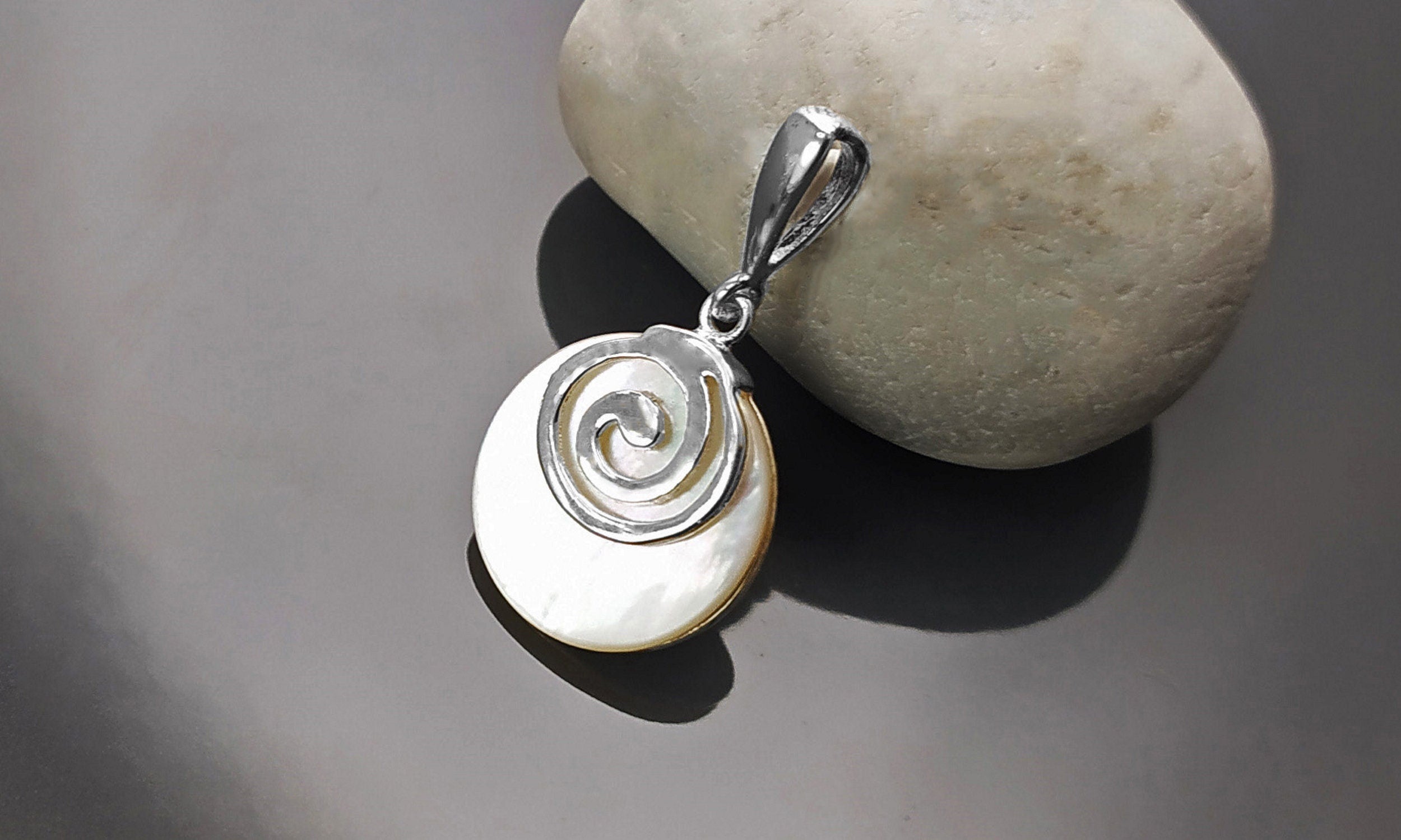 White Round Spiral Pendant, Sterling Silver, Genuine Mother of Pearl Shell Jewelry, Modern Geometric Design, Minimalist Stone Necklace