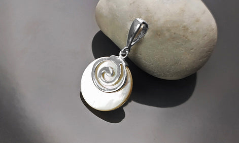 White Round Spiral Pendant, Sterling Silver, Genuine Mother of Pearl Shell Jewelry, Modern Geometric Design, Minimalist Stone Necklace