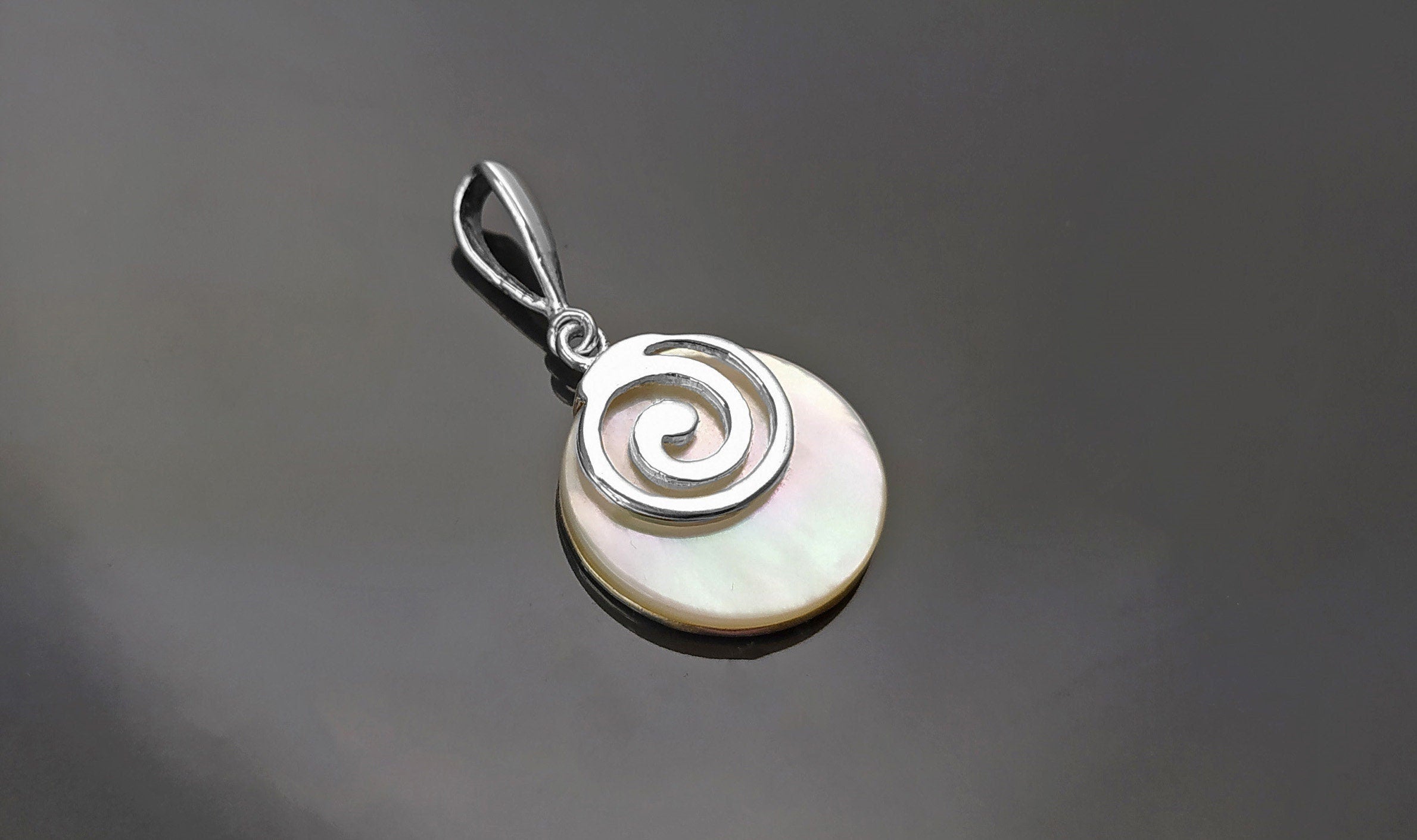 White Round Spiral Pendant, Sterling Silver, Genuine Mother of Pearl Shell Jewelry, Modern Geometric Design, Minimalist Stone Necklace