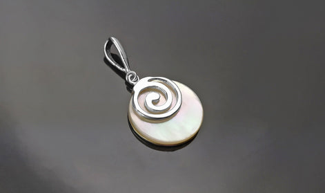 White Round Spiral Pendant, Sterling Silver, Genuine Mother of Pearl Shell Jewelry, Modern Geometric Design, Minimalist Stone Necklace