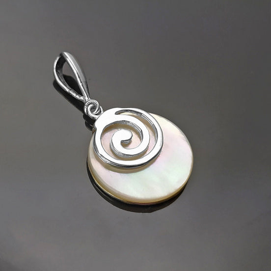 White Round Spiral Pendant, Sterling Silver, Genuine Mother of Pearl Shell Jewelry, Modern Geometric Design, Minimalist Stone Necklace