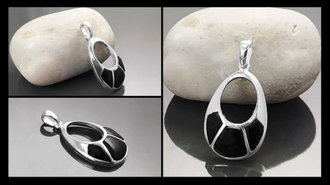 Black Stone Pendant - Sterling Silver, Oval Almond Shape Onyx , Bright Black Stones Dangle Drop Pendant , Modern Geometric Jewelry