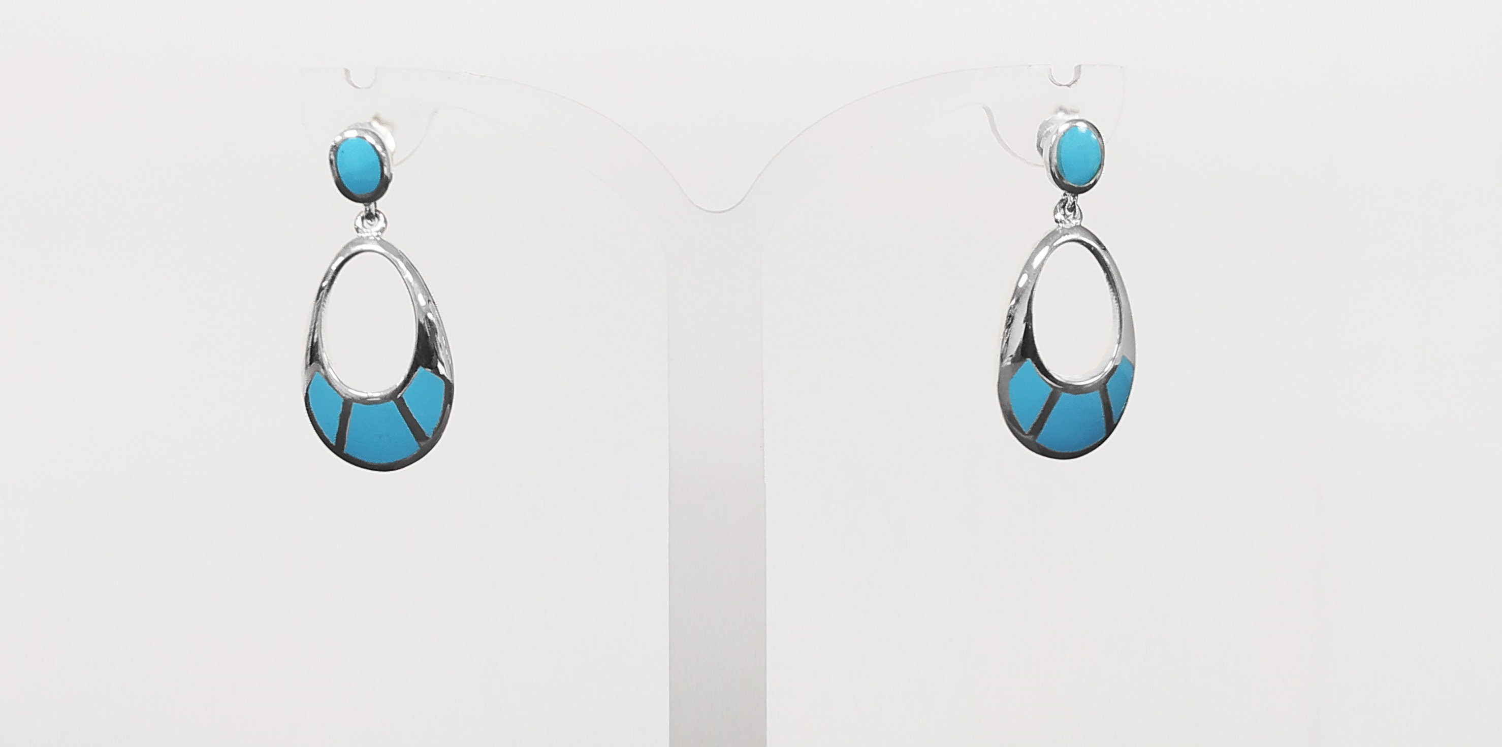 Turquoise Pendant Earrings, Sterling Silver, Oval Almond Shape Blue Stone, Geometric Drop Stones Earrings, Modern Jewelry, Dangle Earrings