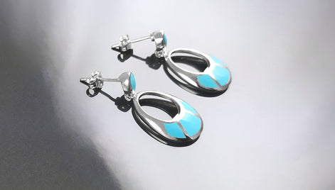 SET Turquoise Sterling Silver Earrings and Pendant Sterling Silver, Oval Almond Shape Blue Turquoise, Turquoise Stones, Dangle Earrings