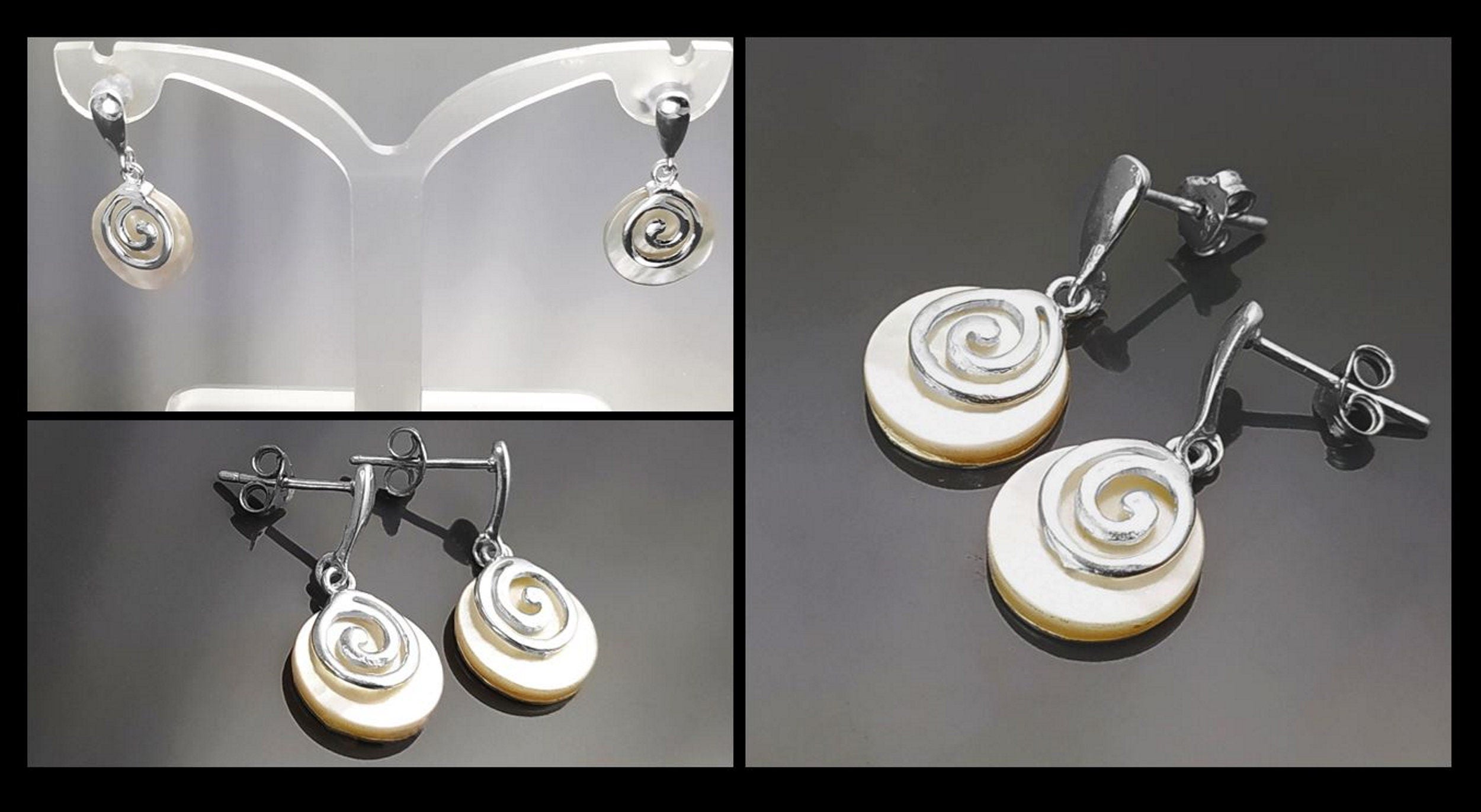 White Round Spiral Pendant, Sterling Silver, Genuine Mother of Pearl Shell Jewelry, Modern Geometric Design, Minimalist Stone Necklace