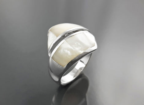 Bypass Ring, Sterling Silver, Shell Pearl Gemstone Crossing Ring, Designer, Geometric Flat Stone Ring, Square Modern Jewelry, Unique Ring