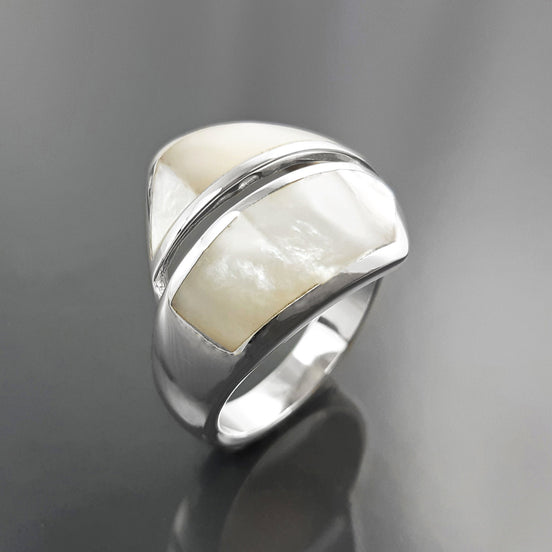 Bypass Ring, Sterling Silver, Shell Pearl Gemstone Crossing Ring, Designer, Geometric Flat Stone Ring, Square Modern Jewelry, Unique Ring