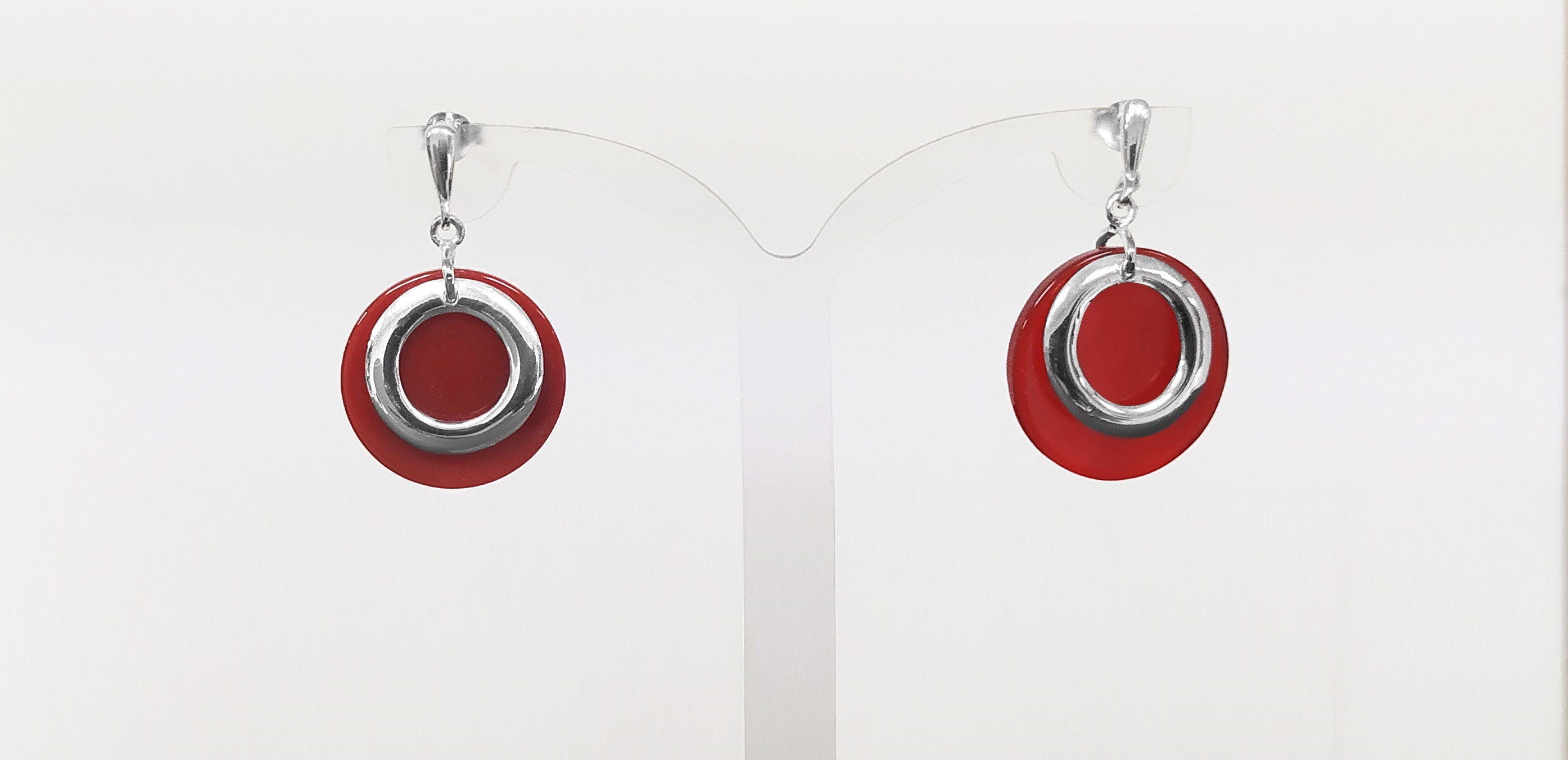 Red Dangle Round Earrings , Sterling Silver, Red Agate Stone Discs, Modern Geometric Earrings, Minimalist Women Gemstone Jewelry