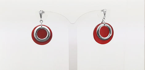 Red Dangle Round Earrings , Sterling Silver, Red Agate Stone Discs, Modern Geometric Earrings, Minimalist Women Gemstone Jewelry