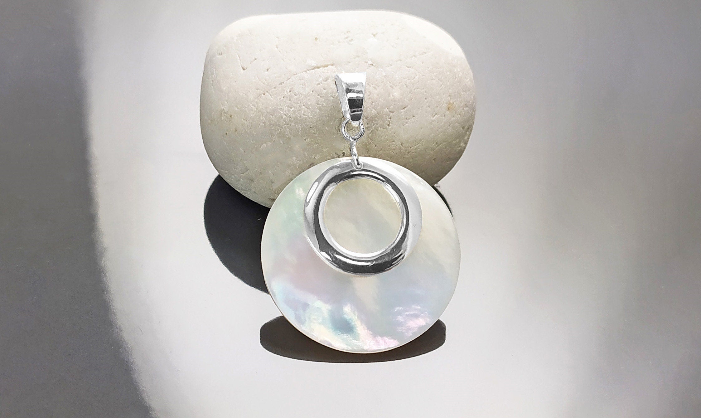 Full Moon Pendant, Sterling Silver, Mother of Pearl Shell Flat Disc Pendant Set, Modern Minimal Jewelry, MOP Round Jewelry