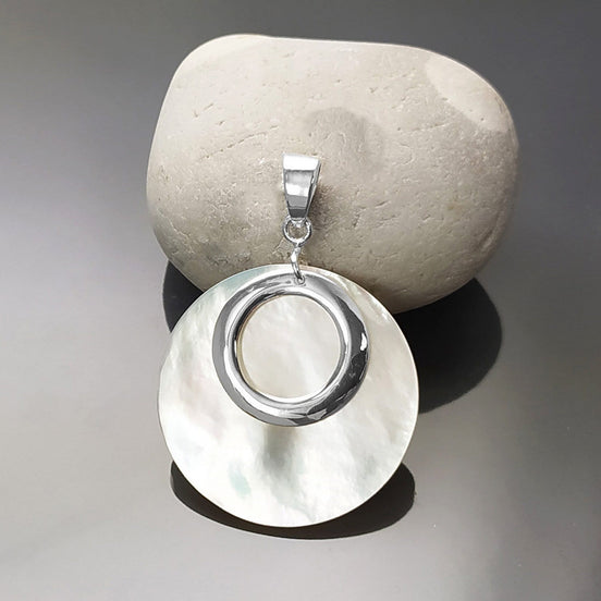 Full Moon Pendant, Sterling Silver, Mother of Pearl Shell Flat Disc Pendant Set, Modern Minimal Jewelry, MOP Round Jewelry