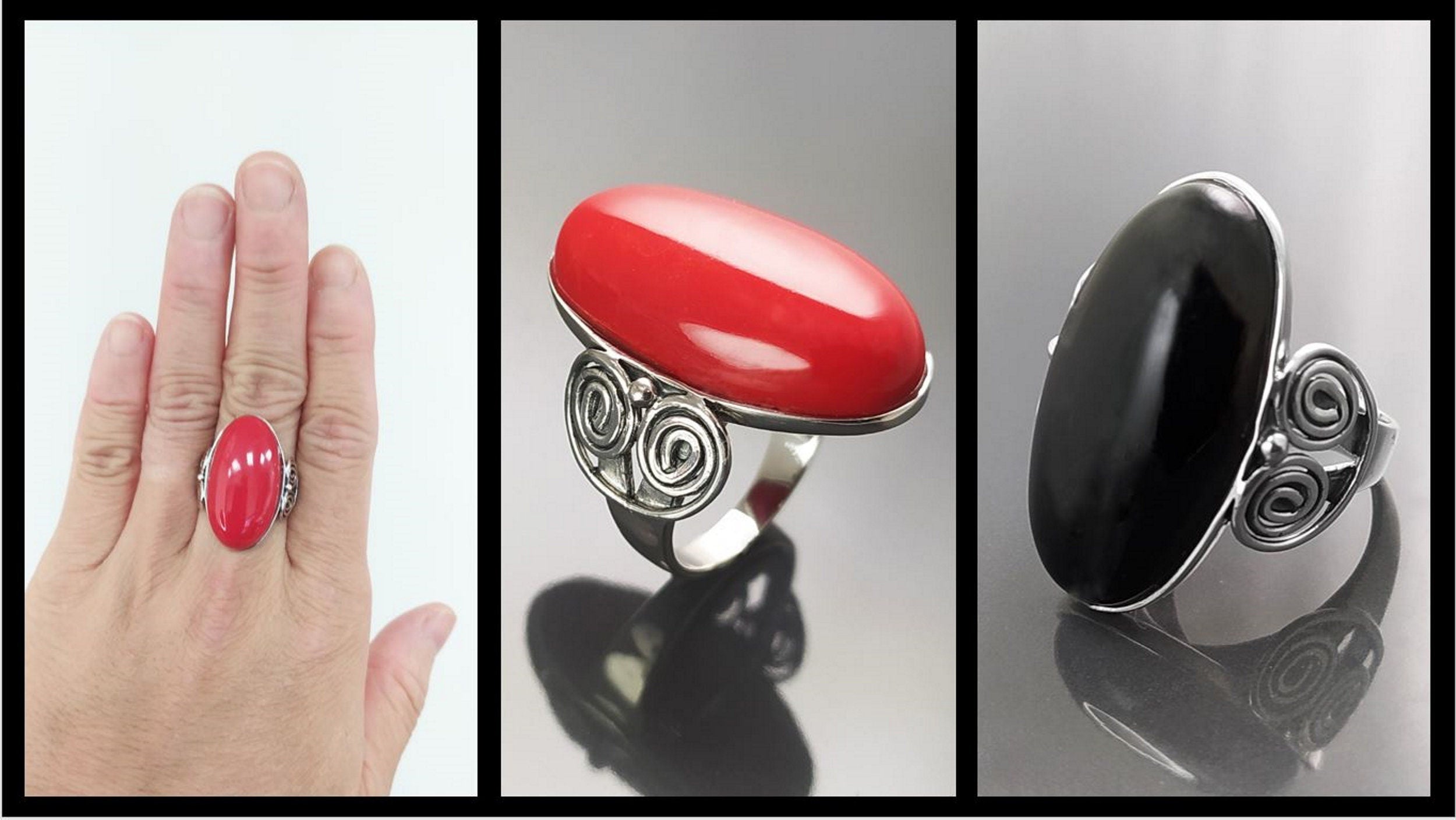 Bague en argent ornée d'une grosse pierre rouge vif de forme ovale. La bague présente un motif tourbillonnant décoratif sur les côtés créant un bijou audacieux.
La pierre centrale est poli avec un rouge vif.
La bague est facile à porter, et se marie très bien avec les vêtements au quotidien. Vu bague portée à la main.
Le meilleur du local : fait main, durable. Boutique fiable, milliers d'avis.
KRAMIKE est une marque de Bijoux de très bonne qualité avec un service clients au TOP.