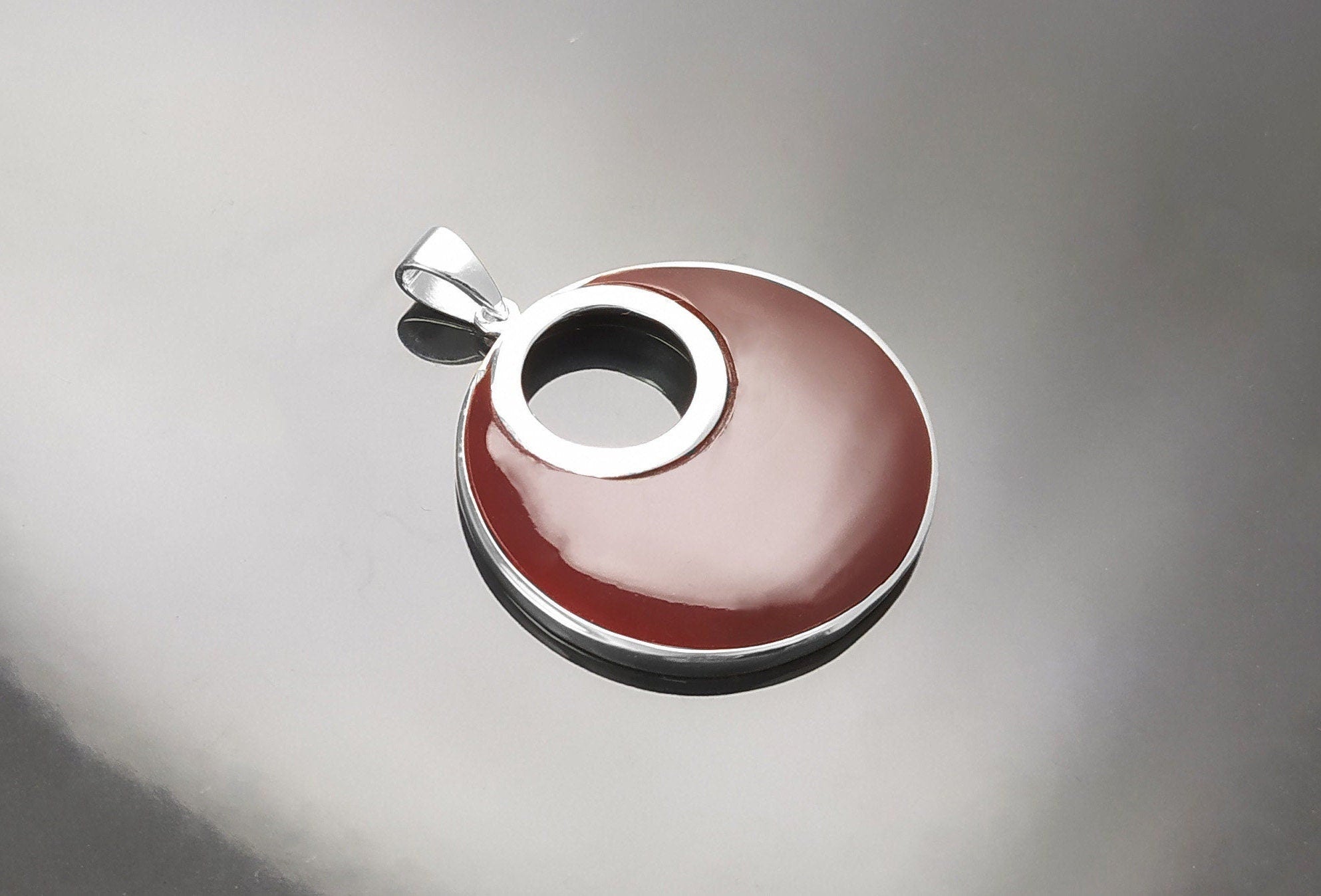 Red Enamel Moon Pendant by KRAMIKE • Sterling Silver • Statement Modern Circular Design Necklace for Everyday • Elegant Gift for Her • KP489