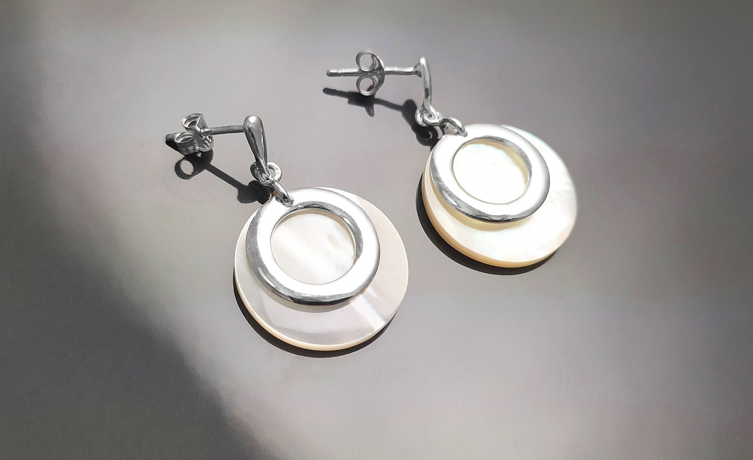 White Round Earrings, Sterling Silver, Genuine Mother of Pearl Shell Flat Discs, Modern Dangle Geometric Earrings, Minimalist Women Jewelry