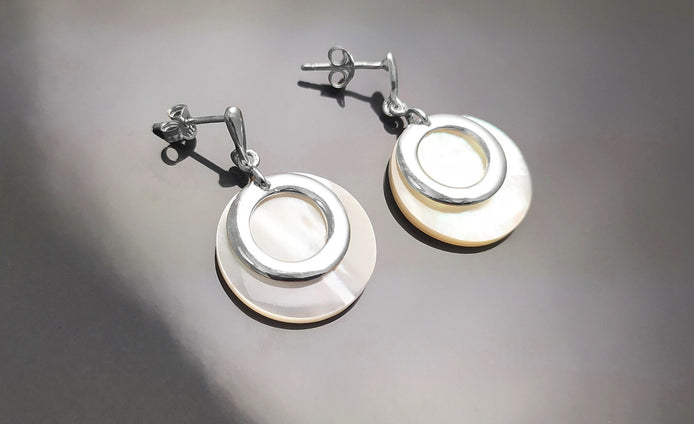 White Round Earrings, Sterling Silver, Genuine Mother of Pearl Shell Flat Discs, Modern Dangle Geometric Earrings, Minimalist Women Jewelry