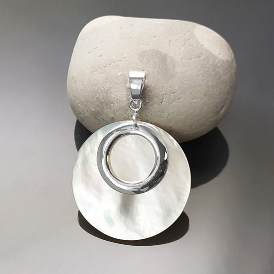 Round Shell Earrings and Pendant SET, Sterling Silver, White MOP Mother of Pearl Flat Disc Necklace Set, Geometric Stone Jewelry