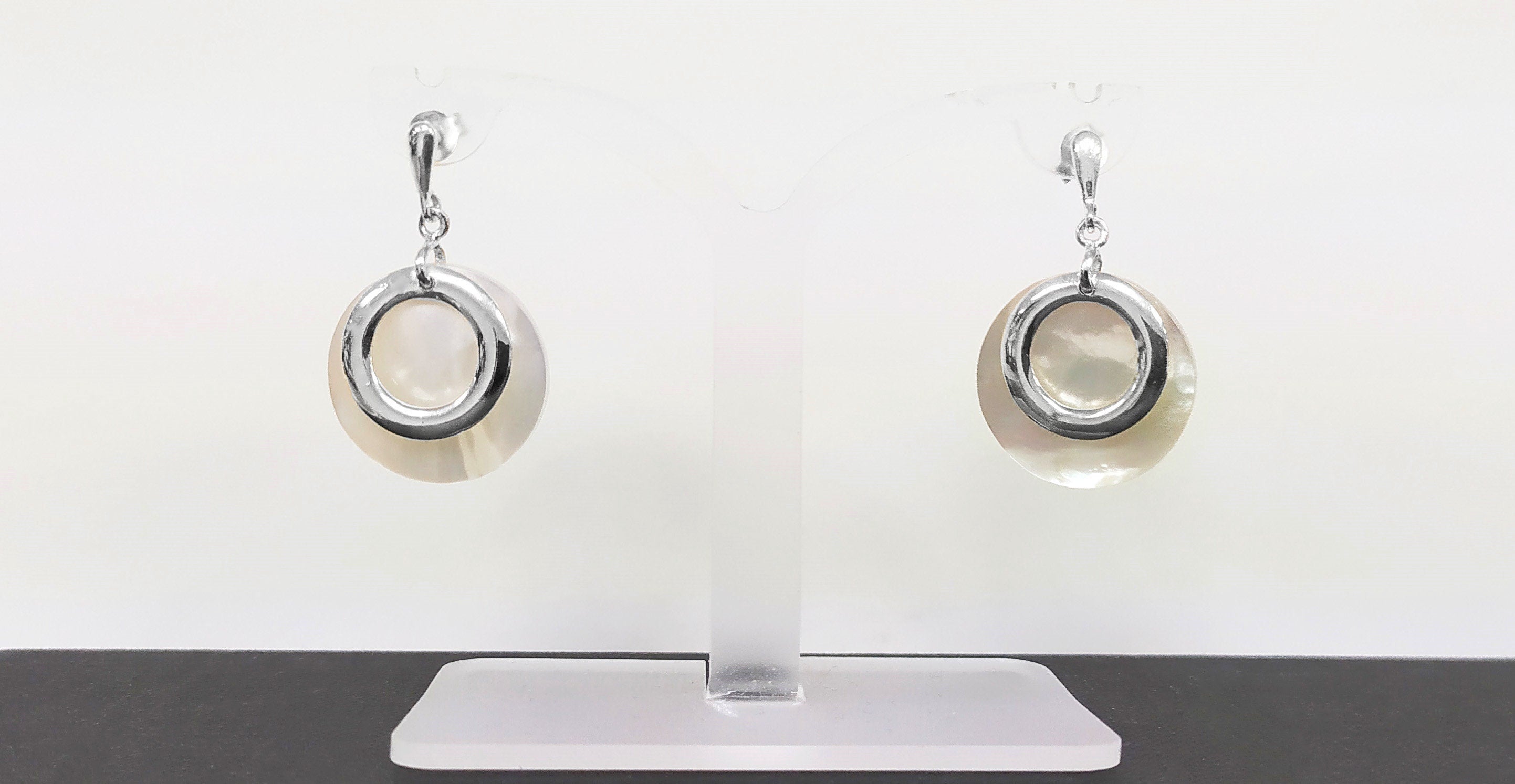 White Round Earrings, Sterling Silver, Genuine Mother of Pearl Shell Flat Discs, Modern Dangle Geometric Earrings, Minimalist Women Jewelry