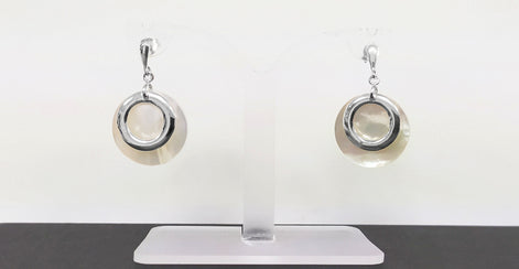 White Round Earrings, Sterling Silver, Genuine Mother of Pearl Shell Flat Discs, Modern Dangle Geometric Earrings, Minimalist Women Jewelry
