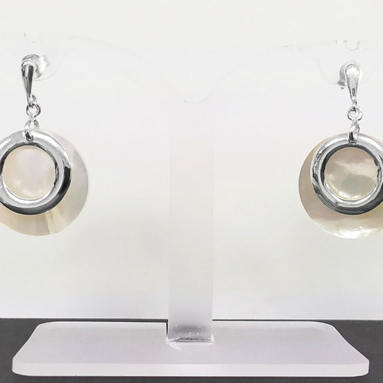 White Round Earrings, Sterling Silver, Genuine Mother of Pearl Shell Flat Discs, Modern Dangle Geometric Earrings, Minimalist Women Jewelry